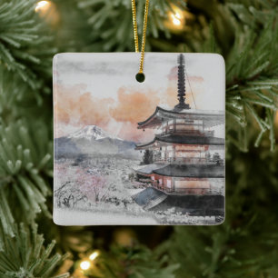Watercolor Japanese Pagoda & Mt. Fuji Paper Plates Ceramic Ornament