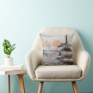 Watercolor Japanese Pagoda & Mt. Fuji Paper Plates Cushion