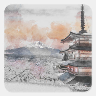 Watercolor Japanese Pagoda & Mt. Fuji Square  Square Sticker