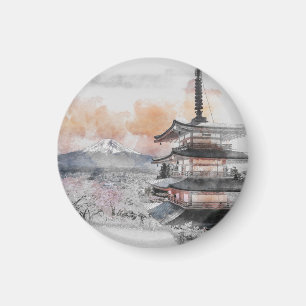 Watercolor Japanese Pagoda & Mt. Fuji Travel Magnet