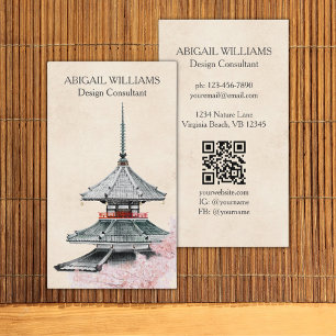 Watercolor Japanese Temple Cherry Blossoms Business Card