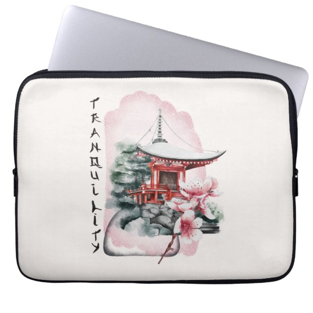 Watercolor Japanese Temple Sakura Blossom Laptop Sleeve (Front)