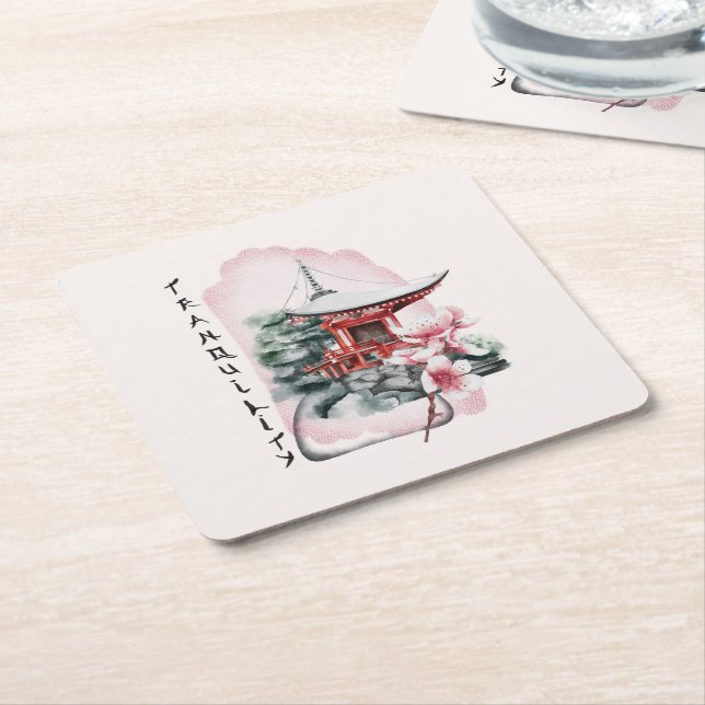 Watercolor Japanese Temple Sakura Blossom Square Paper Coaster (Angled)