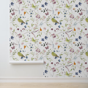 Watercolor Japanese White-Eye Wildflower Butterfly Wallpaper