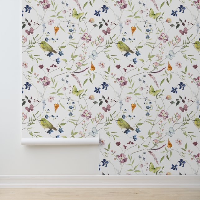 Watercolor Japanese White-Eye Wildflower Butterfly Wallpaper (Application)