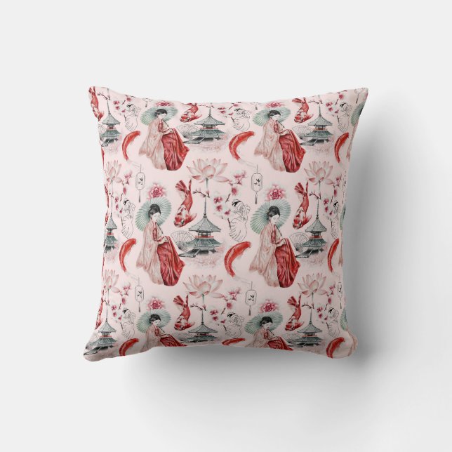 Watercolor Japanese woman Pagoda Lotus Koi Fish Cushion (Back)