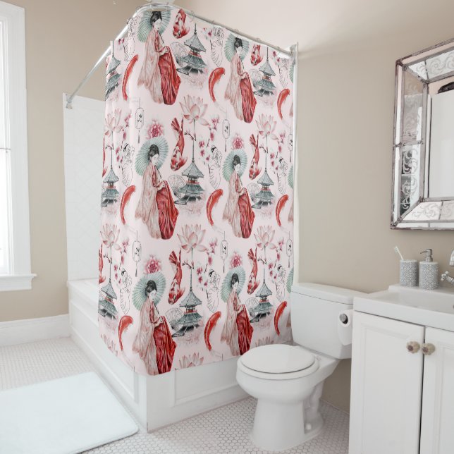 Watercolor Japanese Woman Pagoda Lotus Koi Fish Shower Curtain (In Situ)