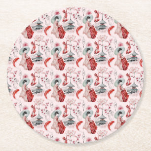 Watercolor Japanese woman Pagoda Lotus Koi Fish Ta Round Paper Coaster