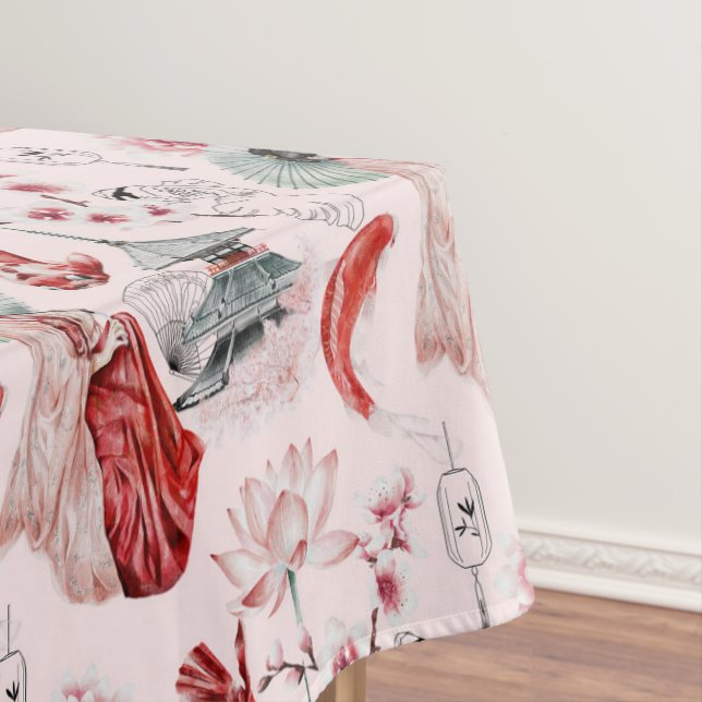 Watercolor Japanese woman Pagoda Lotus Koi Fish Tablecloth (In Situ)