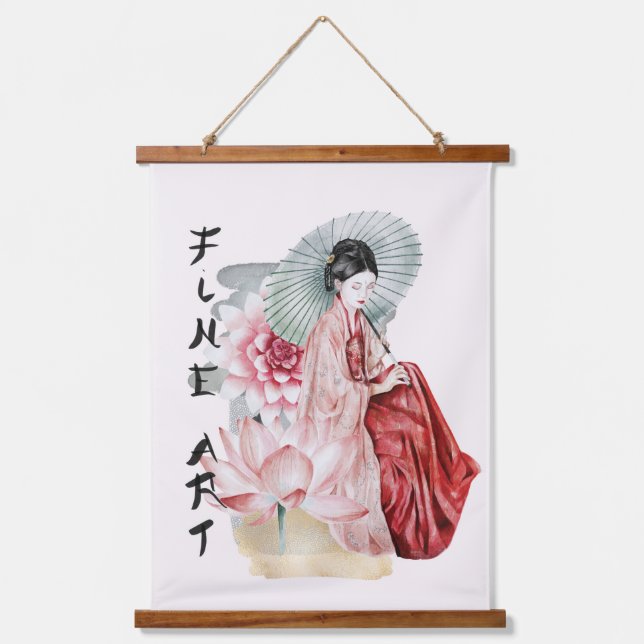 Watercolor Japanese Woman Umbrella Lotus Fine Art Hanging Tapestry (Front)