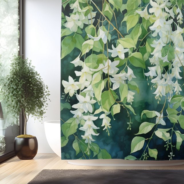 Watercolor Jasmine Blossom Drift Shower Curtain (Creator Uploaded)