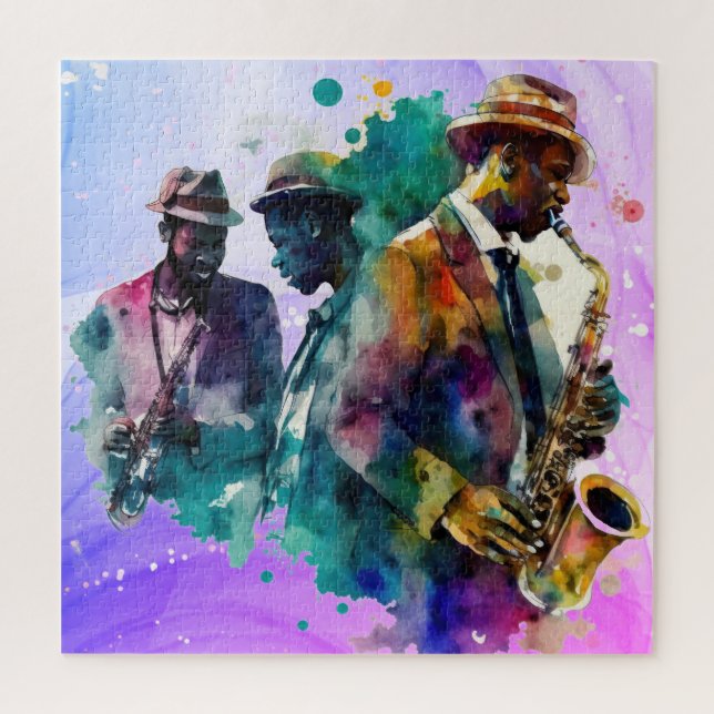 Watercolor Jazz Band Musicians Music Saxophone Jigsaw Puzzle (Vertical)