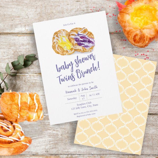 Watercolor Jelly Danishes Twins Baby Brunch Invitation (Sweet Baby Shower: Savor the Flavor of Irresistible Jelly Danishes!)