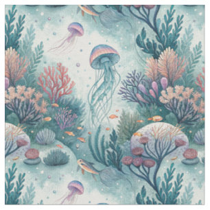 Watercolor Jellyfish Coral Reef Ocean Pattern Art Fabric