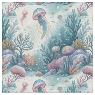 Watercolor Jellyfish Coral Reef Underwater Pattern Fabric
