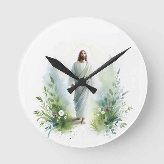 Watercolor Jesus Christ with Botanical Elements –  Round Clock (Front)