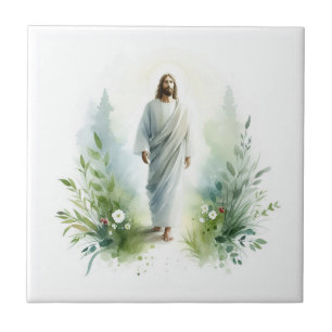 Watercolor Jesus Christ with Botanical Elements – Tile