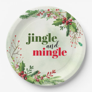 Watercolor Jingle and Mingle Christmas Holiday Paper Plate
