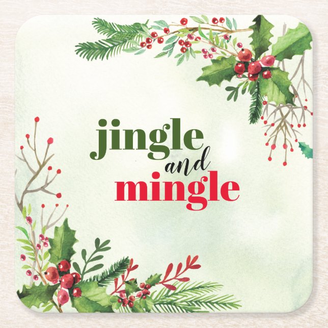 Watercolor Jingle and Mingle Christmas Holiday Square Paper Coaster (Front)