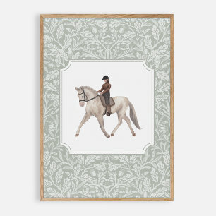 Watercolor joceky on a horse, vintage nursery  poster