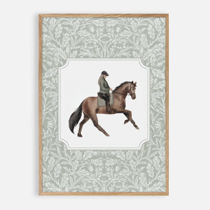 Watercolor jockey on a brown horse, vintage  poster