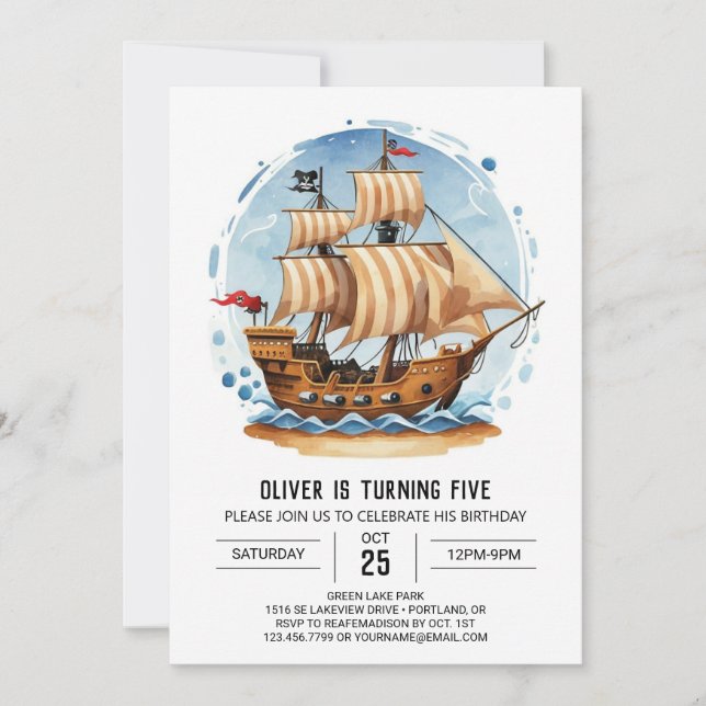 Watercolor Jolly Roger Matey Pirate Birthday Invitation (Front)