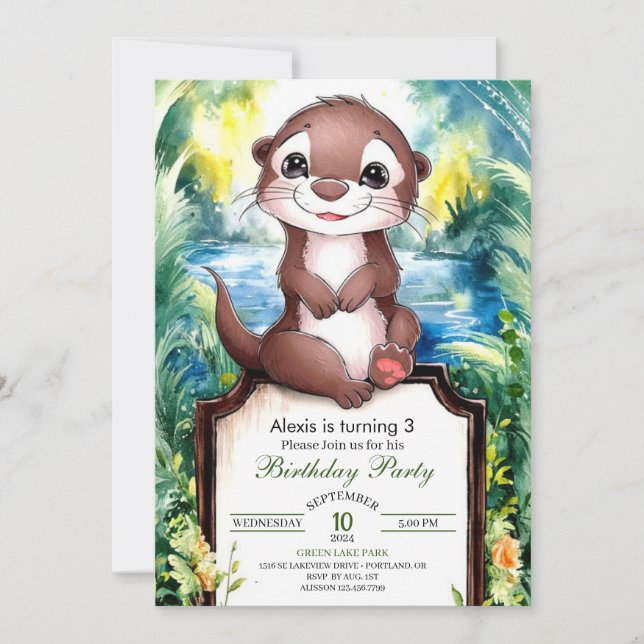 Watercolor Joyful Otter Birthday Invitation (Front)