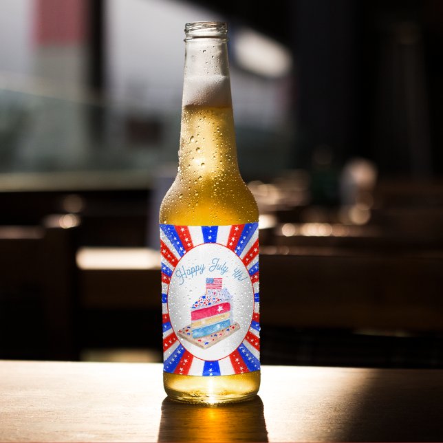 Watercolor July 4th Cake Party Beer Bottle Label (Creator Uploaded)