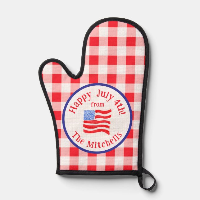 Watercolor July 4th Flag Red Check NAME Oven Mitt (Front)