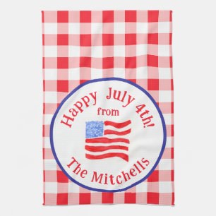 Watercolor July 4th Flag Red Check NAME Tea Towel