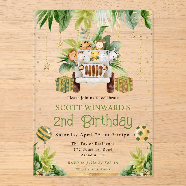 Watercolor Jungle Animals Kids Birthday Acrylic Invitations (Front)
