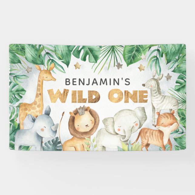 Watercolor Jungle Animals Wild One Birthday Banner (Horizontal)