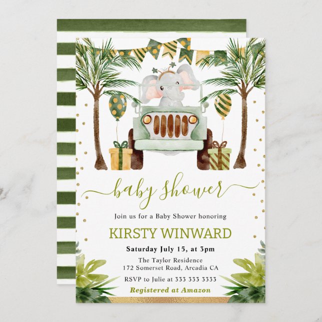 Watercolor Jungle Elephant Baby Shower Invitation (Front/Back)