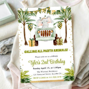 Watercolor Jungle Elephant Kids Birthday Invitation