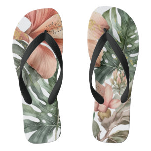 Watercolor Jungle Floral Peach Green Gold Splash Flip Flops