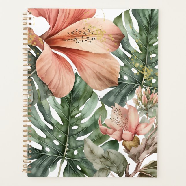 Watercolor Jungle Floral Peach Green Gold Splash Planner (Front)