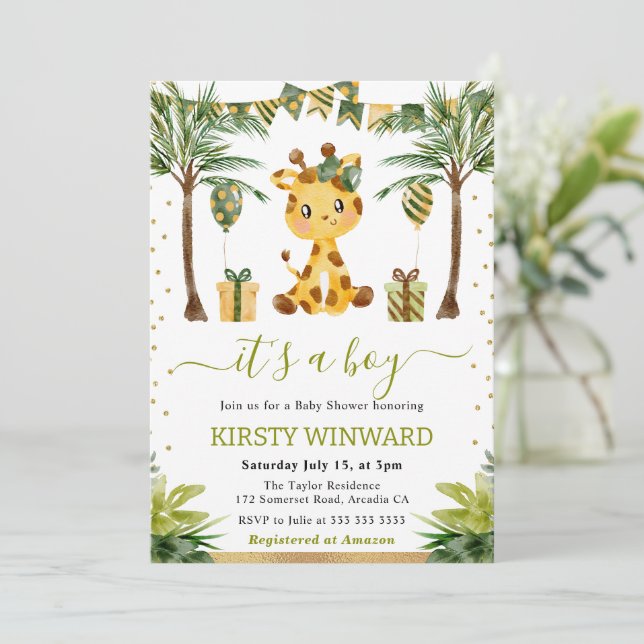 Watercolor Jungle Giraffe Baby Boy Shower Invitation (Standing Front)