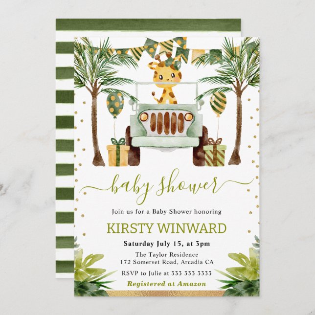 Watercolor Jungle Giraffe Baby Shower Invitation (Front/Back)