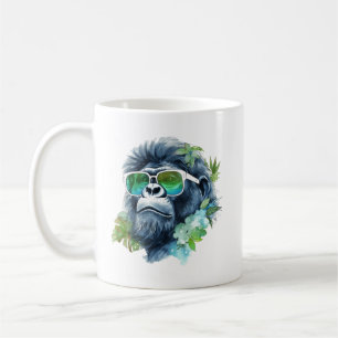 Watercolor Jungle Gorilla with Sunglasses & Leafs Coffee Mug