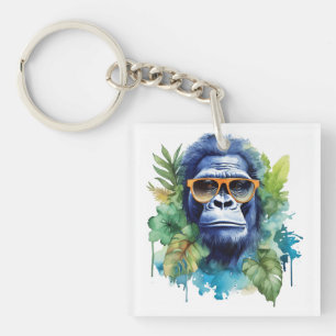 Watercolor Jungle Gorilla with Sunglasses & Leafs Key Ring