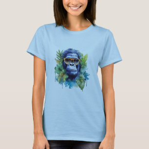 Watercolor Jungle Gorilla with Sunglasses & Leafs T-Shirt