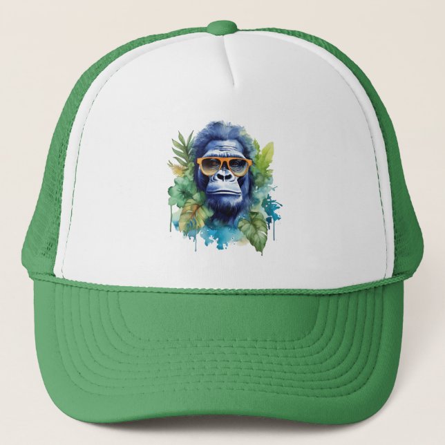 Watercolor Jungle Gorilla with Sunglasses & Leafs Trucker Hat (Front)