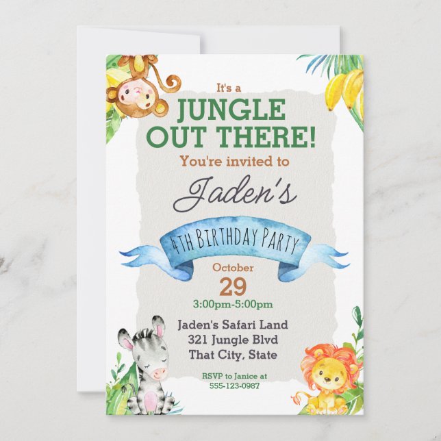 Watercolor Jungle Lion and Giraffe Birthday Invita Invitation (Front)