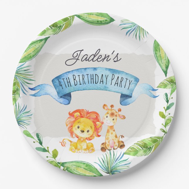 Watercolor Jungle Lion and Giraffe Birthday  Paper Plate (Front)