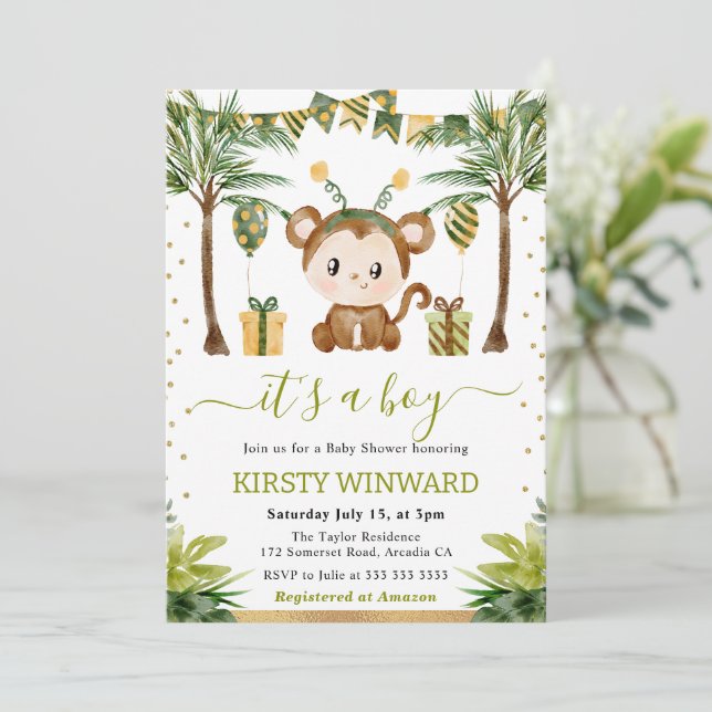 Watercolor Jungle Monkey Baby Boy Shower Invitation (Standing Front)