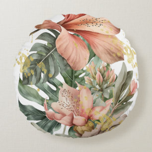 Watercolor Jungle Orchid Flowers Round Cushion