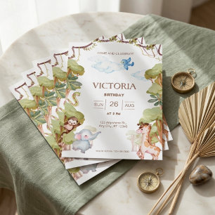 Watercolor Jungle Safari Animal Kids Birthday Invitation