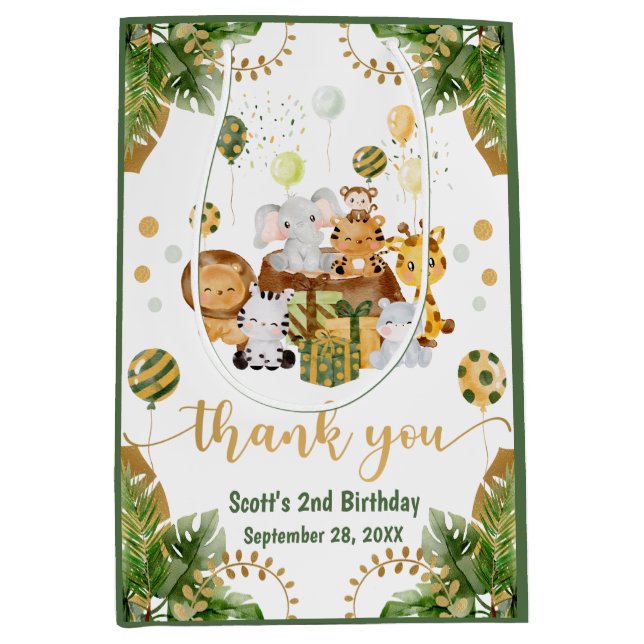 Watercolor Jungle Safari Animals Birthday Medium Gift Bag (Front)