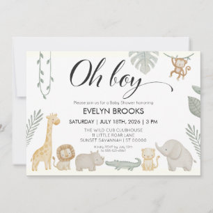 Watercolor Jungle Safari Animals Boy Baby Shower Invitation