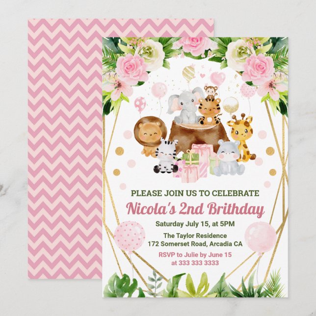 Watercolor Jungle Safari Animals Girls Birthday Invitation (Front/Back)
